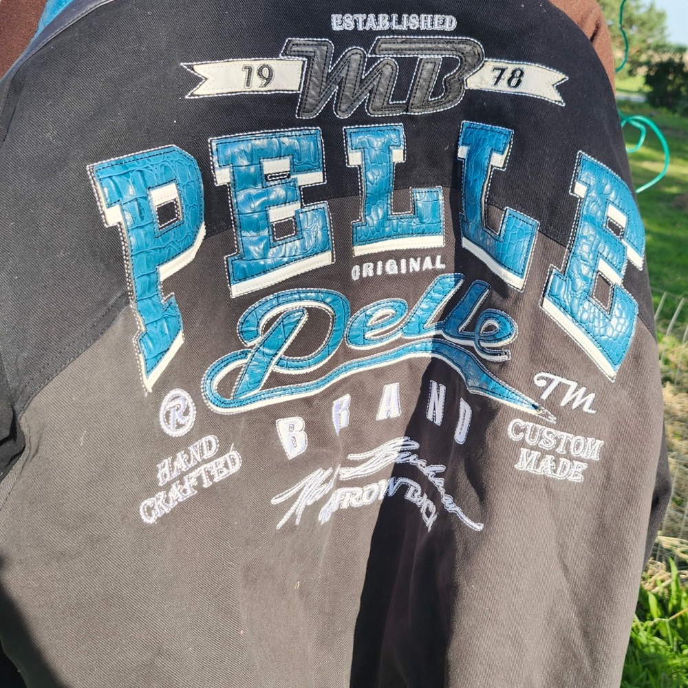 Pelle Pelle Black Jacket with Teal Blue Embroidered Logo